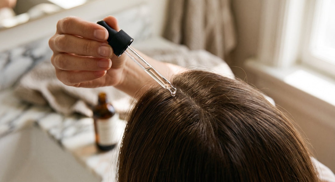 Close-up of Strenova lightweight botanical hair growth serum being applied to a woman's scalp with a glass dropper.