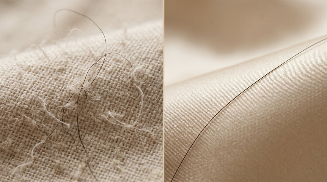 Macro comparison showing the rough texture of cotton versus the smooth, frictionless surface of mulberry silk.