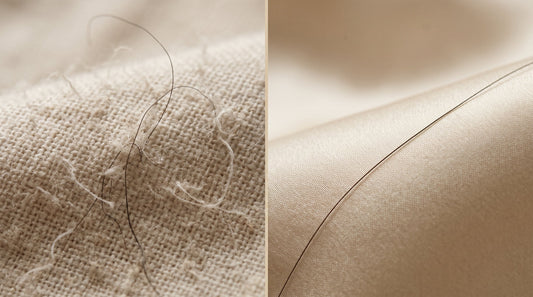Macro comparison showing the rough texture of cotton versus the smooth, frictionless surface of mulberry silk.