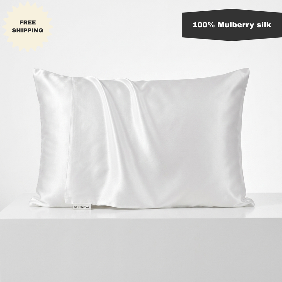 Silk pillowcase on a white background with '100% Mulberry silk' and 'StreNova' branding.